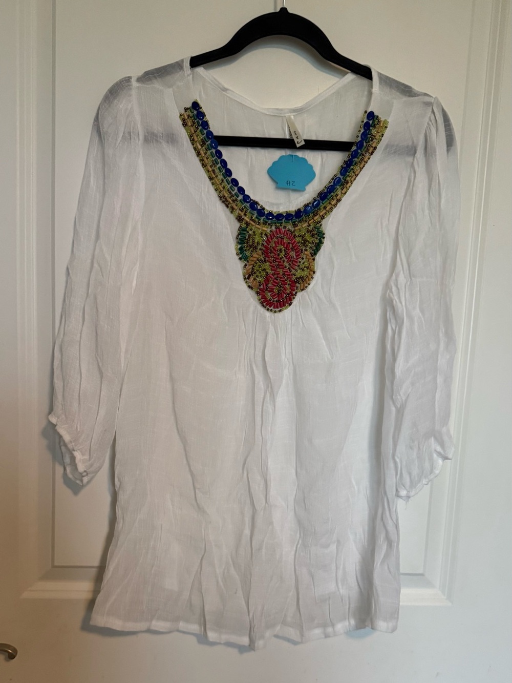White Embroidered V-Neck Women's Top with Multicolor Beading